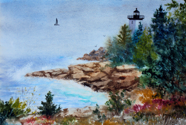Island Light Watercolor by Laura Tasheiko, Maine Artist